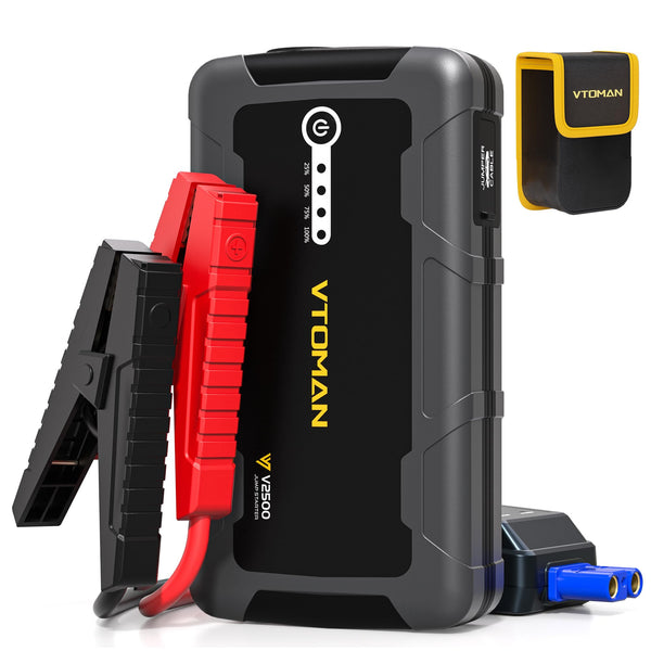 VTOMAN V2500 2500A Jump Starter Power Pack - Portable 12V Car Battery Booster Jump Starter with Jump Leads(Up to 8.0L Gas or 6.0L Diesel Engine), LED Flashlight, Quick Charge, 15V DC Port