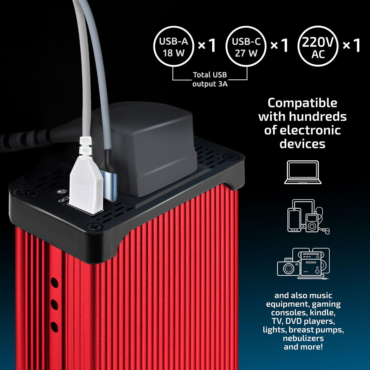 Odoga 300W Car Power Inverter 12V to 240V / 230V Converter, USB-A and USB-C 3A Charging Ports - Charge Your Laptop, iPad, iPhone, Tablet, Consoles & More - Durable and Powerful - Black Aluminum Body