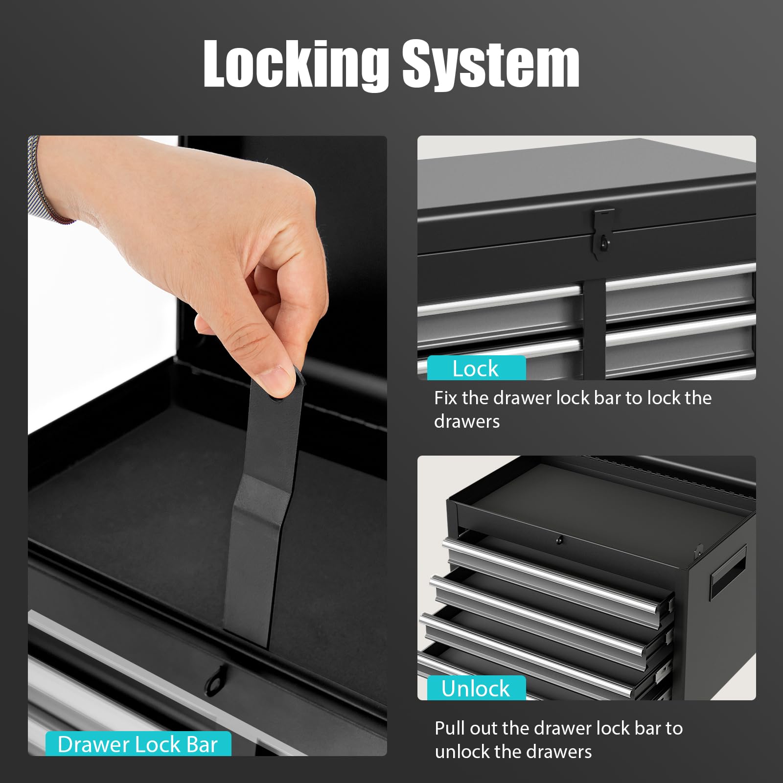 COSTWAY Large Rolling Tool Cabinet, 2-in-1 Detachable Metal Tool Chest with Drawers, Wheel, Handle, Hooks & Pegboard, Lockable Tool Box Trolley for Garage Workshop (with Middle Compartment, Black)