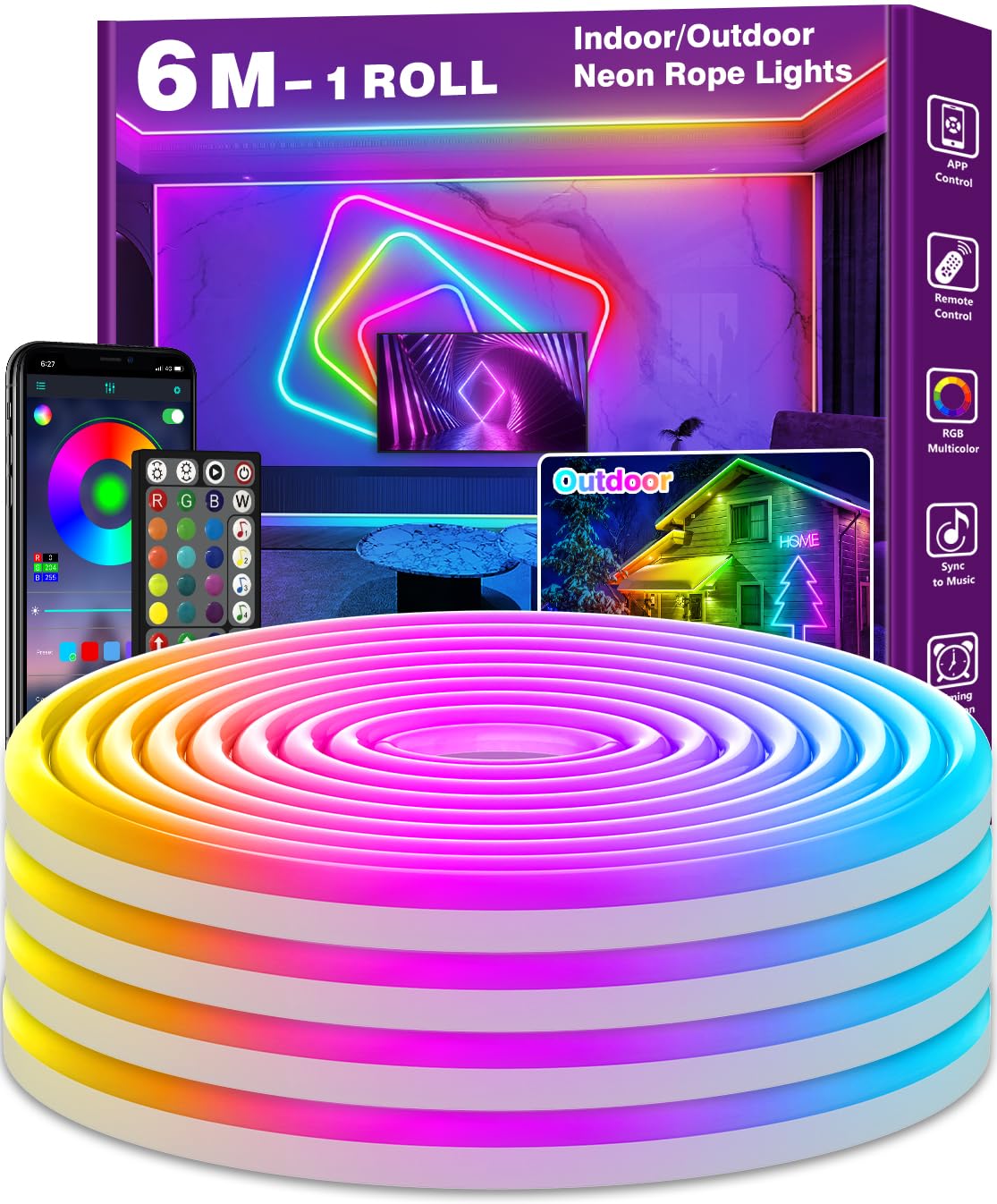 AILBTON Led Neon Rope Lights 10m Flexible Led Rope Lights,Control with App/Remote,Multiple Modes,RGB Neon Music Sync Gaming Strip for Bedroom Indoor