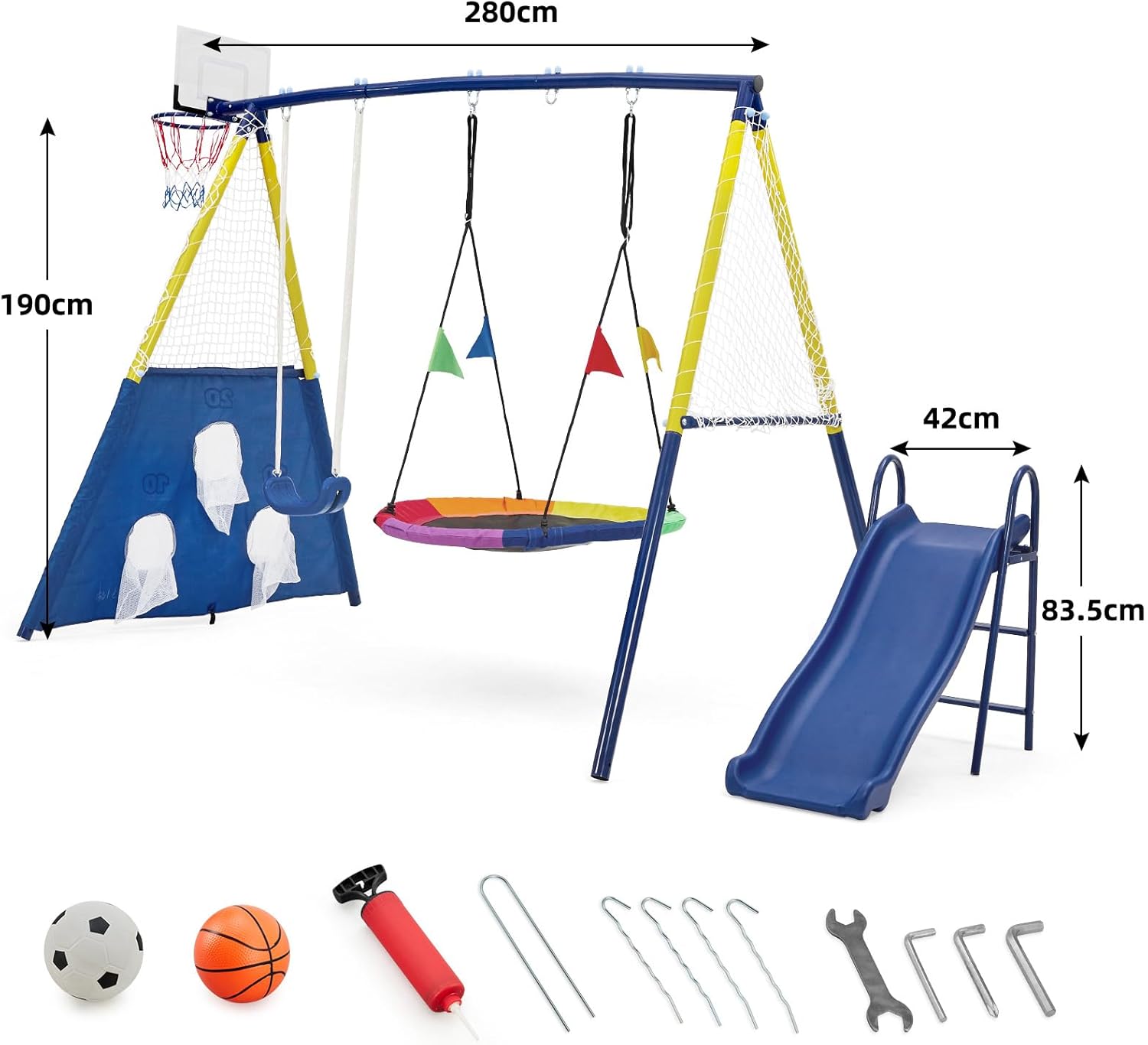 Aptliton Kids Swing set with Metal Frame, Nest Tree and Plastic Single Swing, Basketball Hoop, Slide, Backyard Playground Outdoor Play Frame Toy for children, Over 3 Years Old, Blue and Yellow