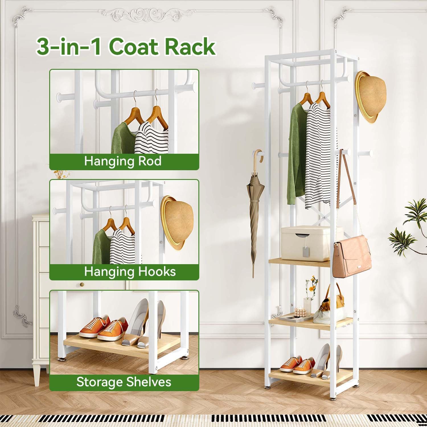 IBUYKE Coat Rack, Freestanding Coat Stand with 3 Shelves and 8 Hooks, Industrial Clothes Stand for Entryway, Hallway, Bedroom, 180 x 40 x 30 cm,