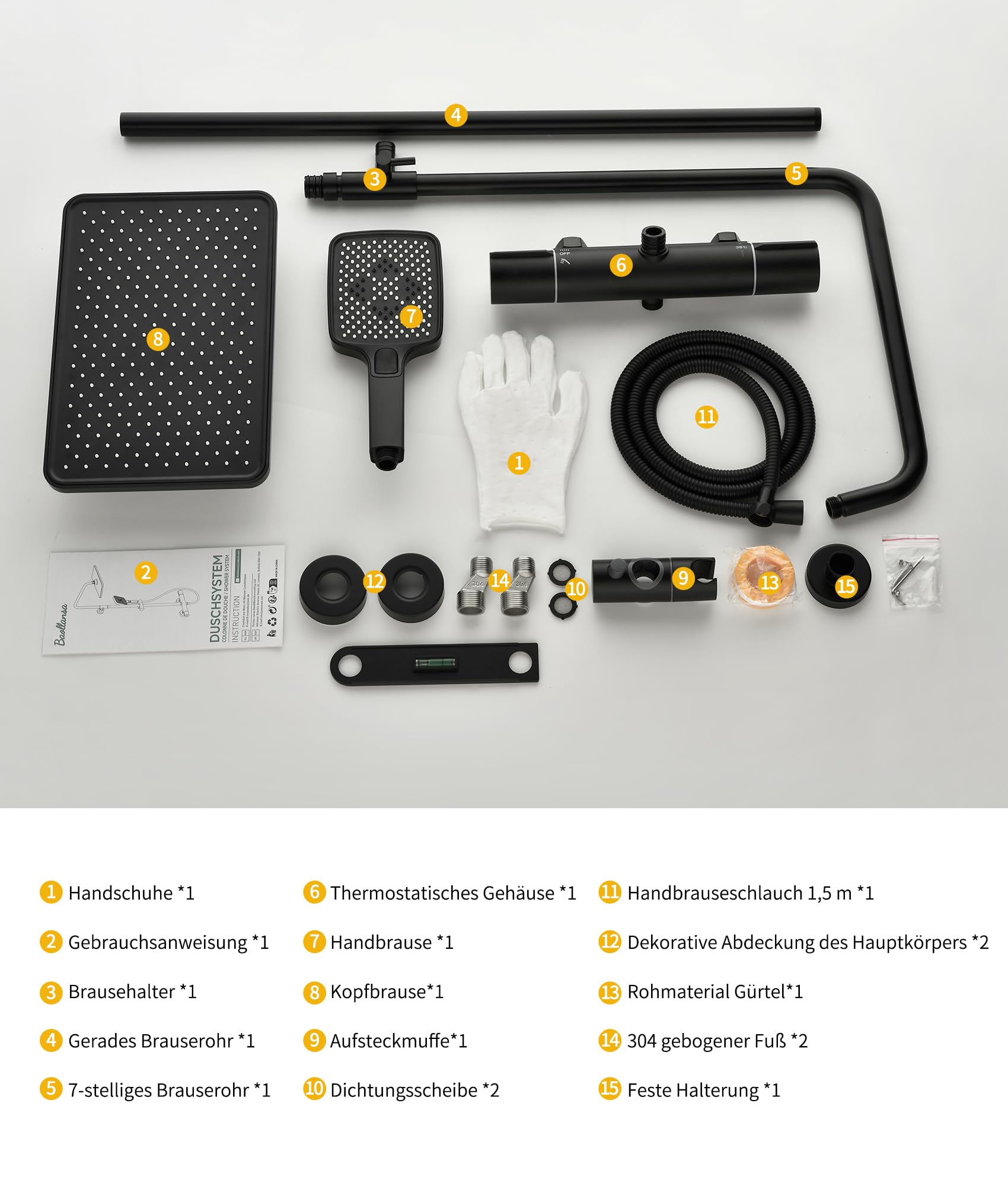 Thermostatic Shower Mixer Set,38°C Thermostatic Shower System with Rainfall Shower Head,3-Mode Handheld Shower,Adjustable Height Stainless Steel Shower Set (Black)