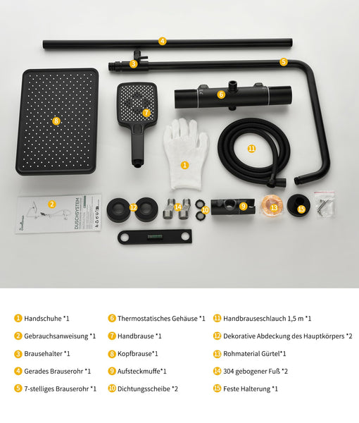 Thermostatic Shower Mixer Set,38°C Thermostatic Shower System with Rainfall Shower Head,3-Mode Handheld Shower,Adjustable Height Stainless Steel Shower Set (Black)