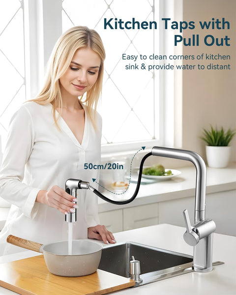 Warmiehomy 5 Modes Kitchen Taps Mixer with Pull Out Spray,High Arc 360° Swivel Dual Spout Pull Down Stainless Steel Kitchen Sink Taps,Brushed Nickel