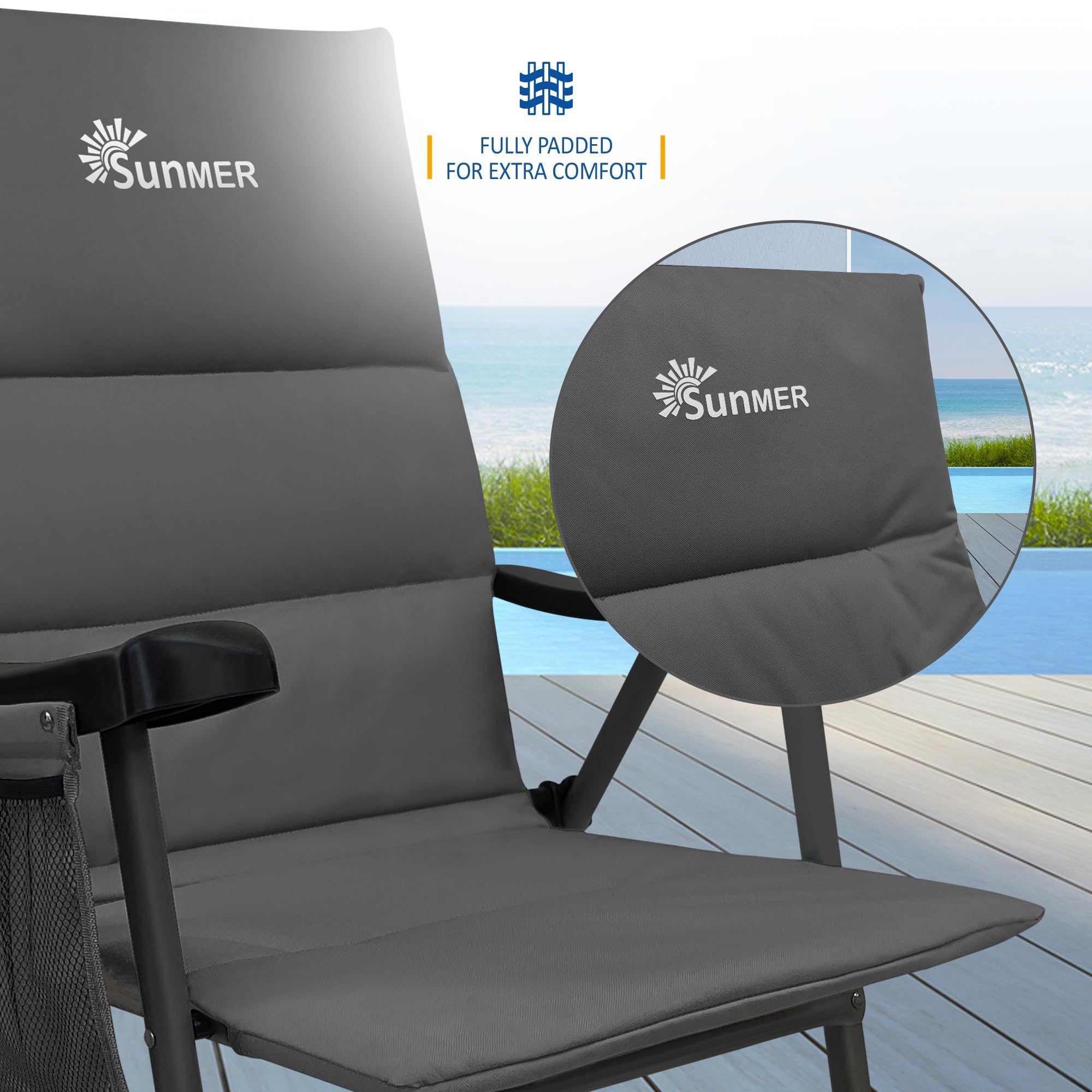 SUNMER Padded Garden Camping Chairs Foldable with Side Pocket, Holds up to 120kg, Lightweight 4kg per Chair, Outdoor Seat for Camping, Fishing, Relaxing - Black