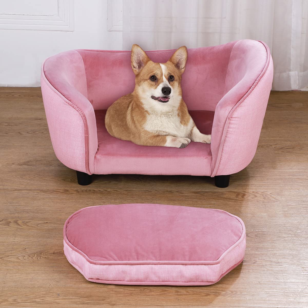 dgbaobei Pet Sofa Bed,Velvet Wooden Frame Couch with Plastic Sofa Bed Feet for Small Dogs Cats(26.2x16x14 Inches) (pink)