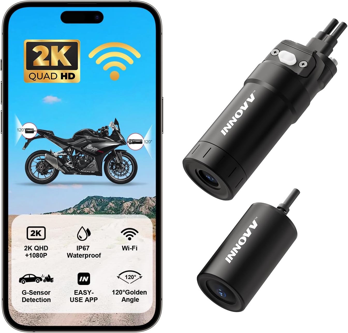 INNOVV K6 Motorcycle Dash Cam Dual Channel QHD 2K+1080P, IP67 Waterproof Mini Motocam with Wi-Fi, 120°Golden Angel, G-Sensor Detection, Support 256GB(SD Card not Included)