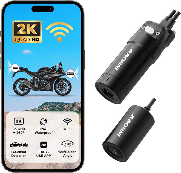 INNOVV K6 Motorcycle Dash Cam Dual Channel QHD 2K+1080P, IP67 Waterproof Mini Motocam with Wi-Fi, 120°Golden Angel, G-Sensor Detection, Support 256GB(SD Card not Included)