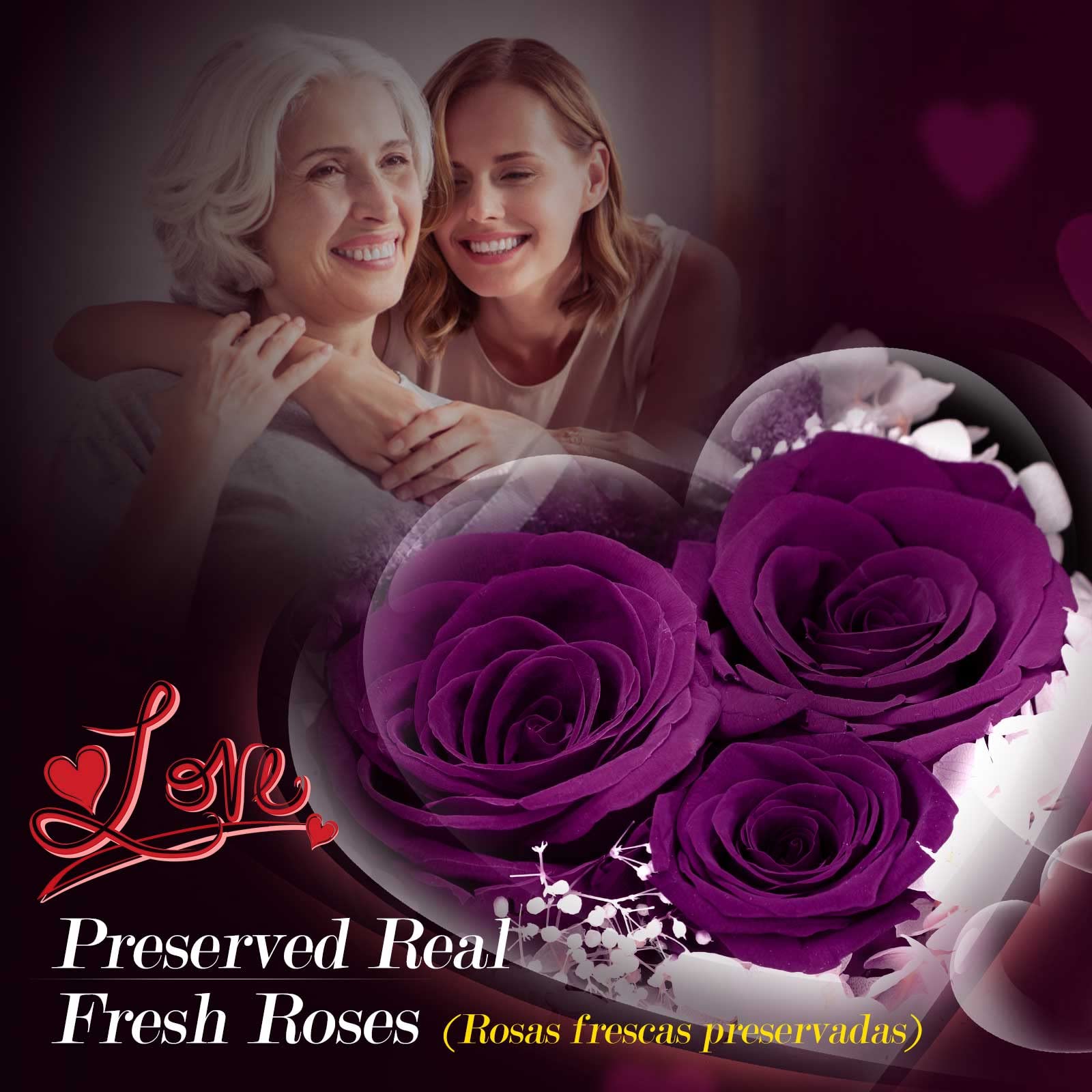 ADDWel Mother Gifts for Mum, Preserved Purple Rose Gift Box with Mum Necklace I Love You in 100 Languages, Eternal Red Roses for Women, Gift for Her