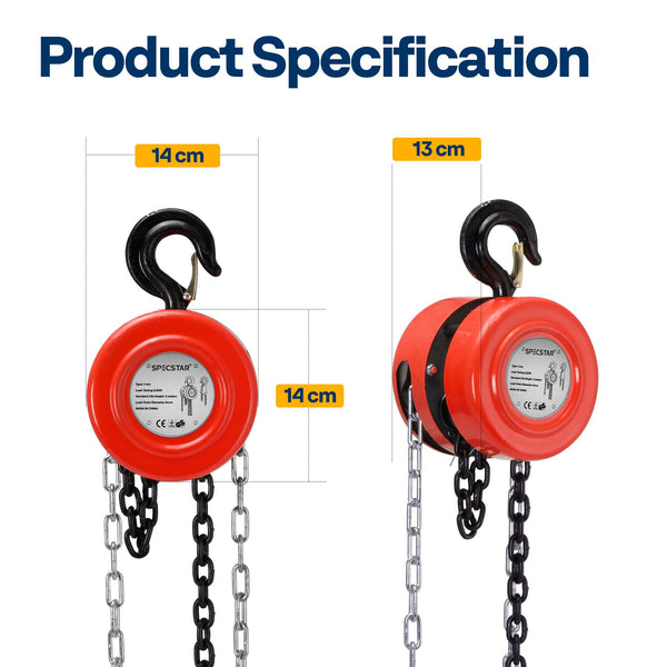 SPECSTAR Hand Chain Hoist 1250kg Capacity 3m with 2 Heavy Duty Hooks Manual Chain Fall for Warehouse Building Automotive Machinery