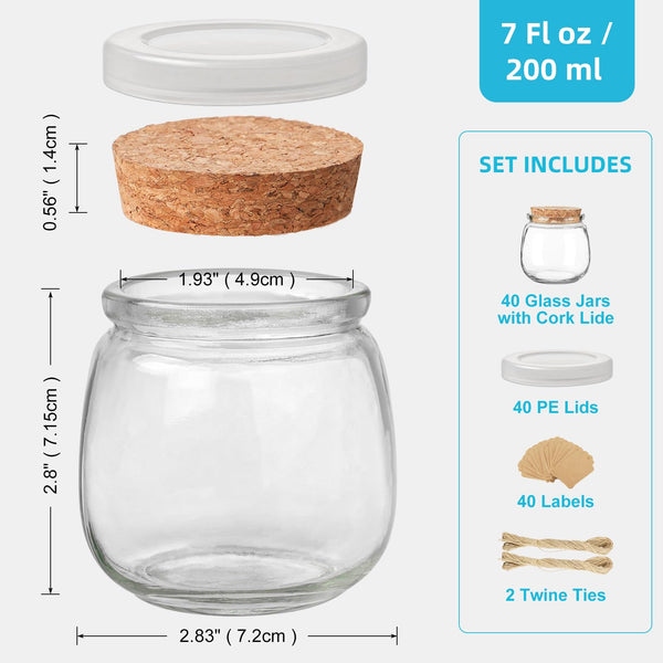 Absovetu 40 Pack Small Glass Jars with Lids and Labels 200ml/7 oz - Candle Jars Mason Jar for Overnight Oats Jam Jar for Wedding Christmas DIY Gifts