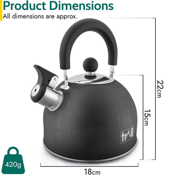 Trail 2L Whistling Camping Kettle, Polished Stainless Steel, Durable & Lightweight, Easy Pour Spout, Folding Heat Resistant Handle, Fast Boil Travel Kettle, Outdoor Fishing Hiking, 15cm x 18cm, 0.42kg