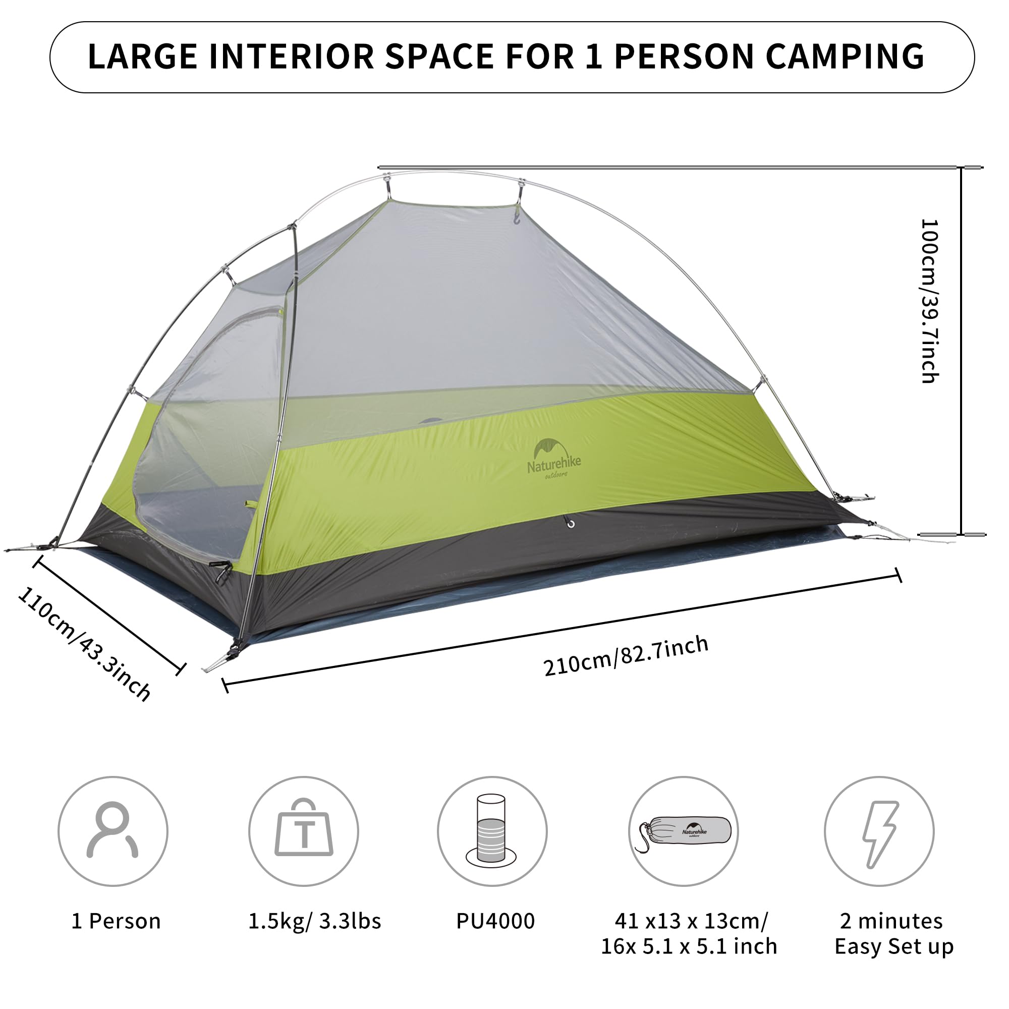 Naturehike Cloud up 1 Person Backpacking Tent Lightweight Camping Hiking Dome Tent for 1 Man