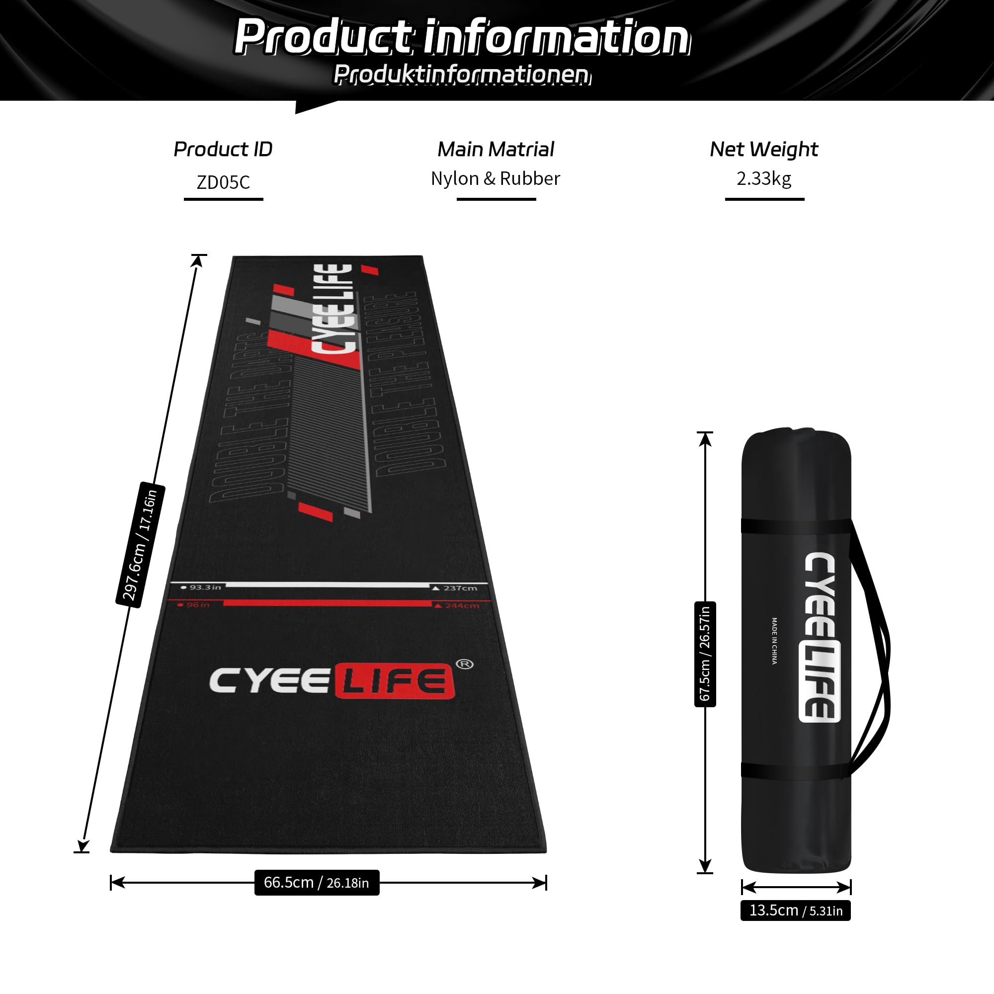 CyeeLife Darts Mat,297 X 66cm Professional Non Slip Carpet Mats for Floor and Dart Tips Protection,Black