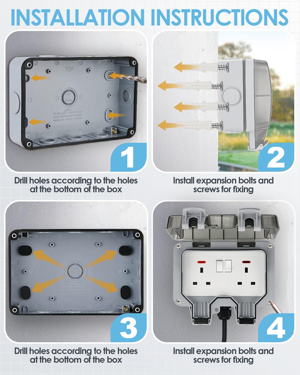 Zenmos Double Outdoor Socket 3M Extension Lead, Outdoor Plug Sockets Waterproof IP66, 13Amp 2 Gang Outside Plug Socket Waterproof, Switch Indicator Light Garden Wall Electrical Outlet Cover Box