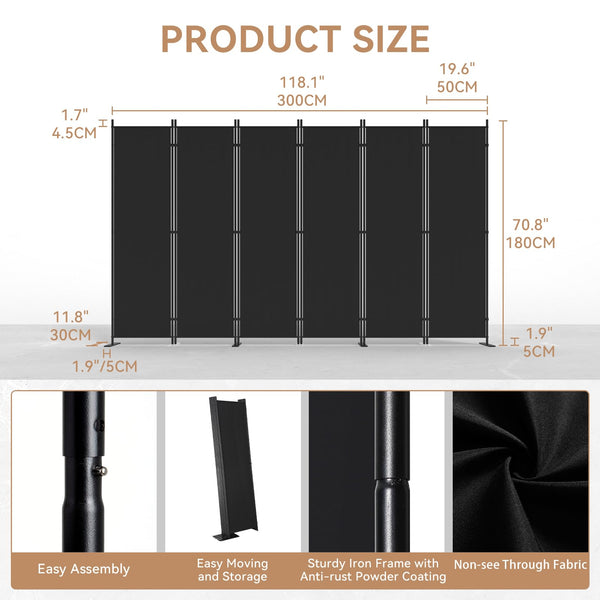 C-Hopetree 6 Panels Room Divider, 180cm Tall Indoor Folding Privacy Screen, Portable Partition Separator, Freestanding Separation Temporary Wall for Office, Bedroom, 304cm W X 180cm H, Black