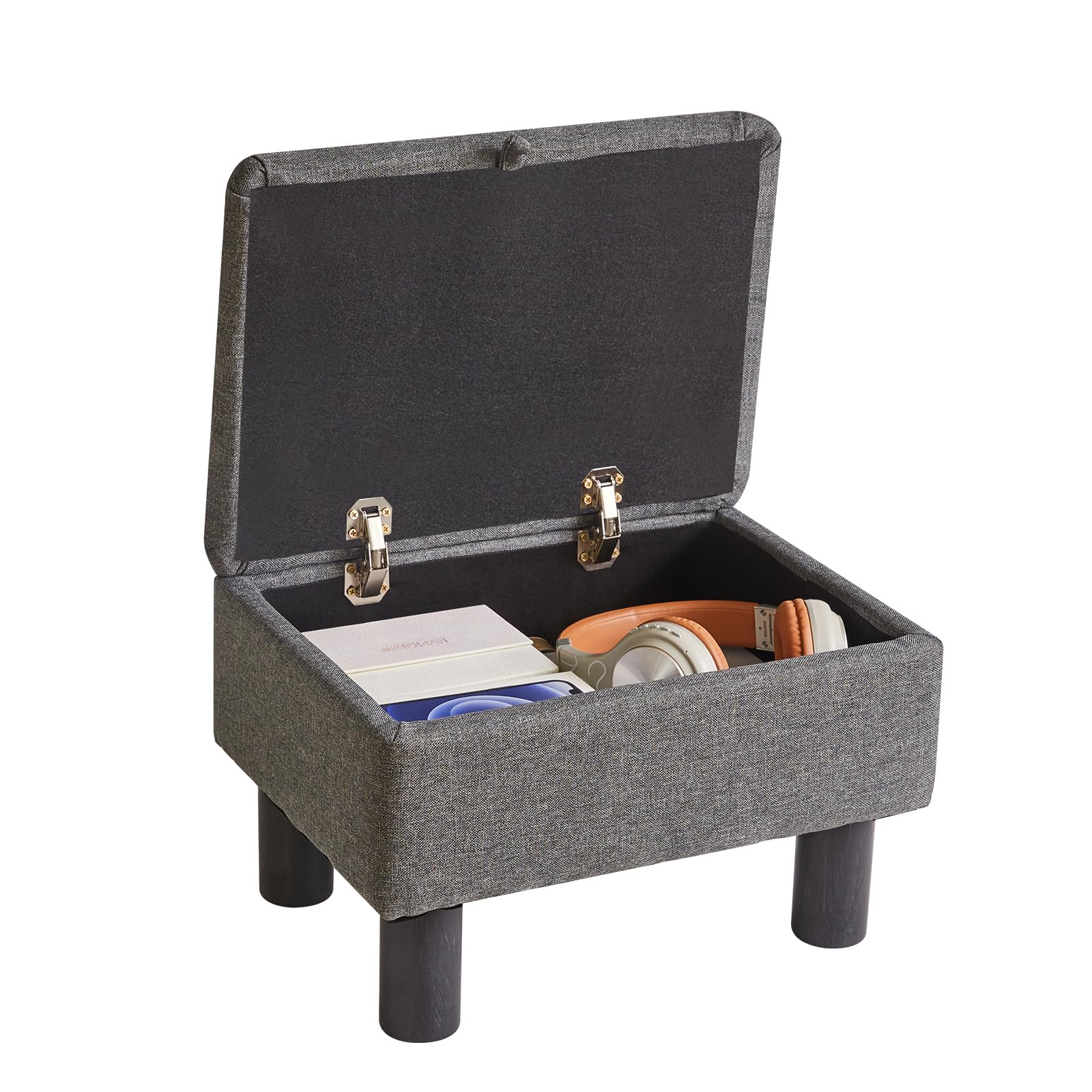 Aibiju Small Ottoman Storage Footstool with Wood Legs, Linen Foot Stool,Pouffe Stool Change Shoe Footrest for Living Room Bedroom Entryway Office,