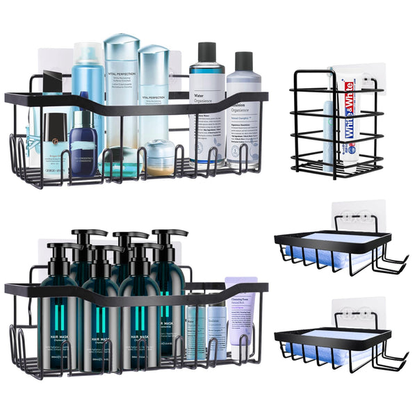 WAOAW Shower Shelf Without Drilling, Shower Shelf for Hanging, 5 Pieces Black Shower Shelf, Stainless Steel Bathroom Shelf, Rustproof, Shampoo Holder