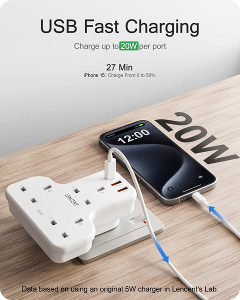 LENCENT Plug Extension Socket, 3 Way Multi Plug Socket with 3 USB Ports, Power Extender Wall Adaptor for Household Appliances, Iphone, Smartphone, Tablet, Home, Office, Bedroom, 13A 3250W