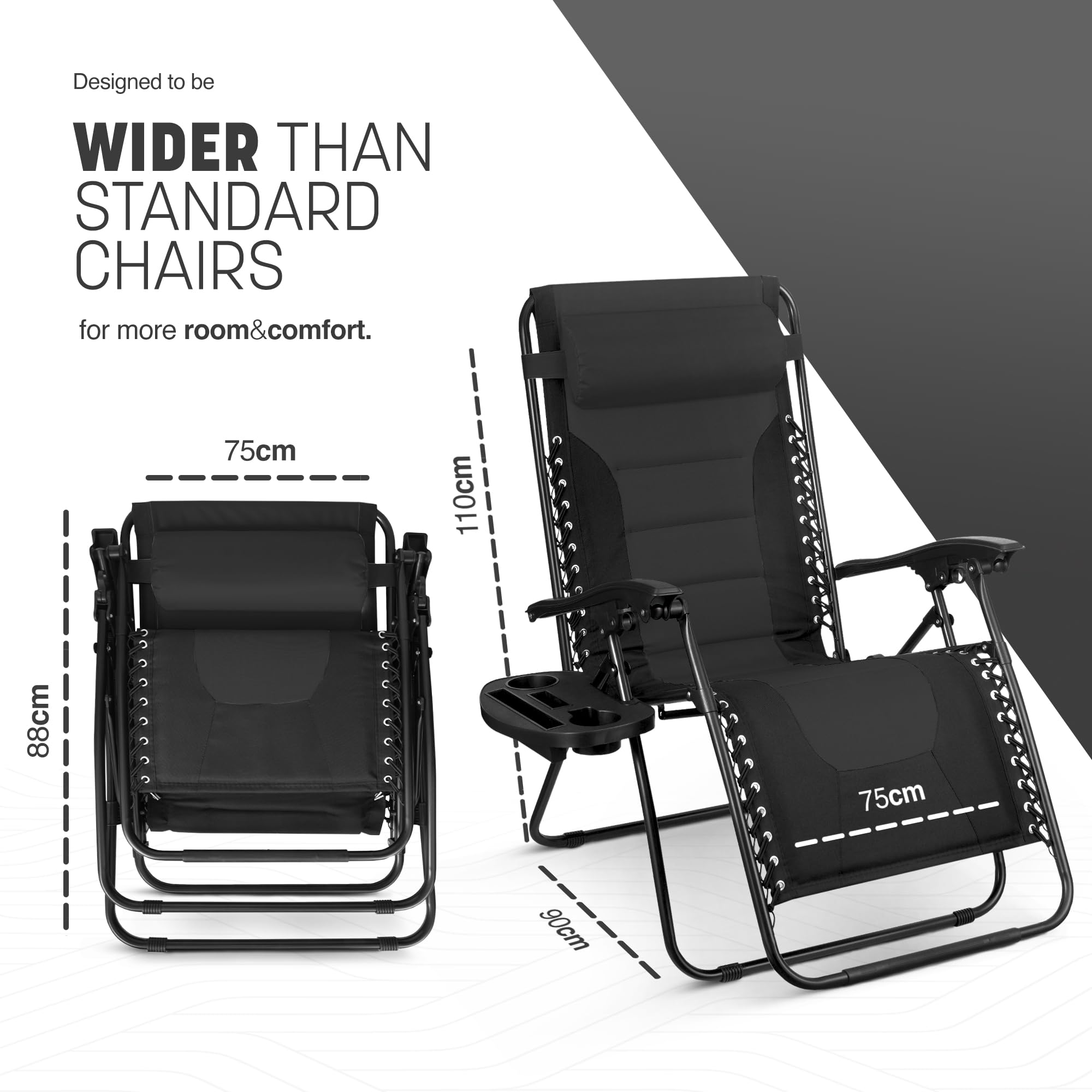 KEPLIN Set of 2 XXL Premium Heavy Duty Padded Zero Gravity Chairs - Luxurious Garden Recliners, Adjustable Headrest, Cup & Phone Holder, Foldable, Easy to Clean Patio Sun Loungers(Black)