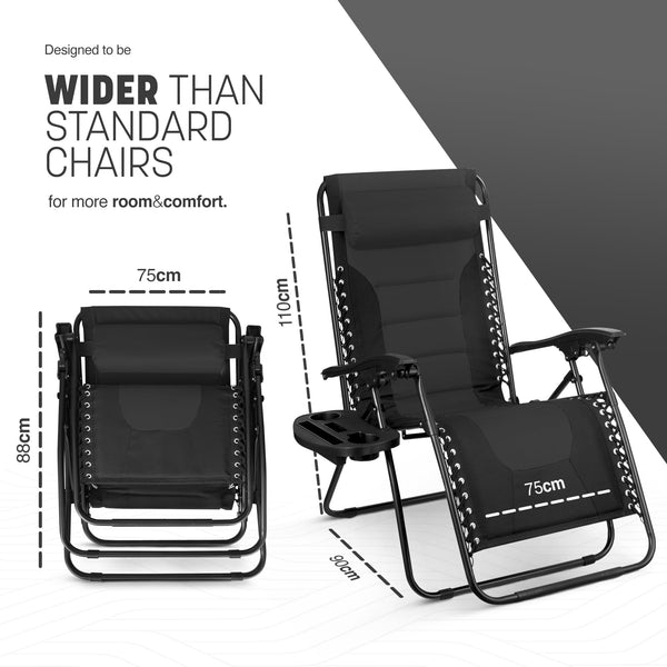 KEPLIN Set of 2 XXL Premium Heavy Duty Padded Zero Gravity Chairs - Luxurious Garden Recliners, Adjustable Headrest, Cup & Phone Holder, Foldable, Easy to Clean Patio Sun Loungers(Black)