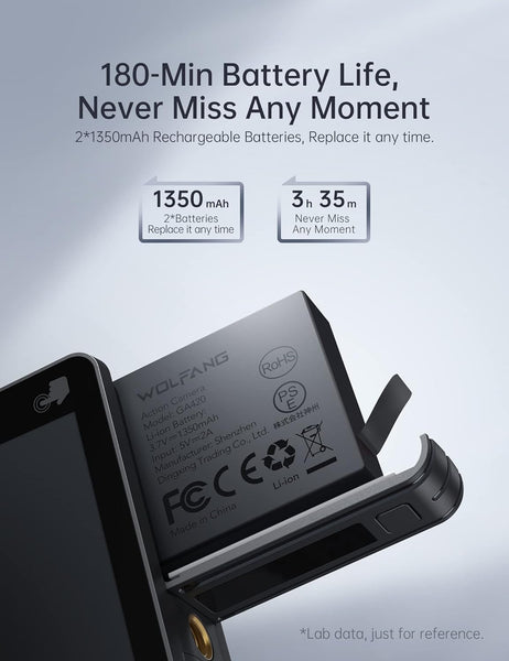 WOLFANG GA420 Dual Screen Action Camera 4K 60FPS 24MP Touchscreen Underwater Camera, 10M Body Waterproof/40M Waterproof Helmet Bike Camera with EIS, Remote Control, 2x1350mAh Batteries, Accessory Kit