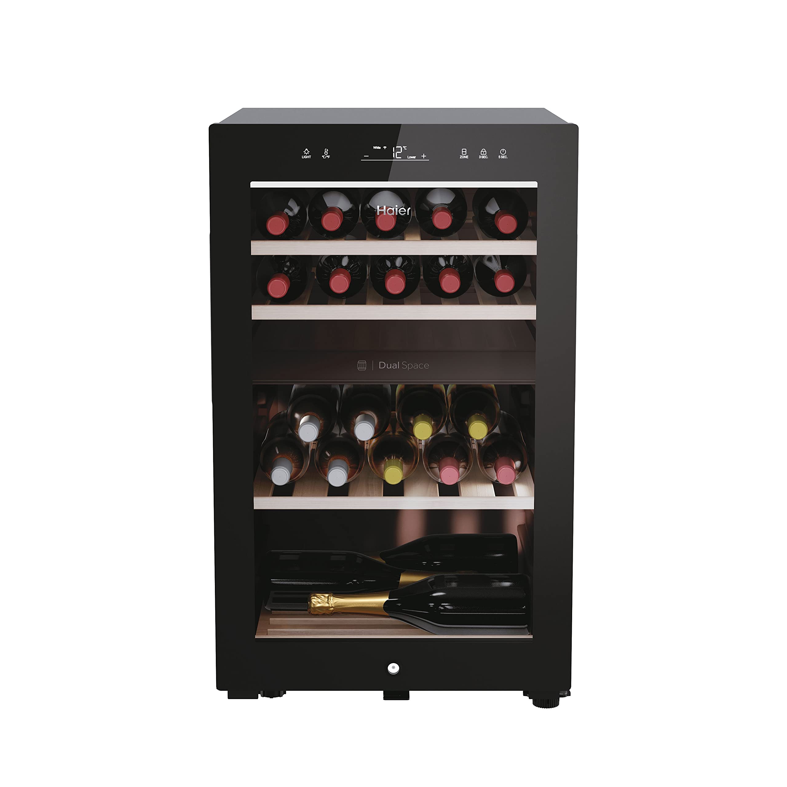 Haier Wine Bank 50 Series 5 Freestanding Wine Cooler, 49 Bottles, Single Zone Temperature, Anti-UV Glass Door, Low Vibration Design, LED Light, hOn App, F Class, Black, 49.7x58.5x82 cm - HWS49GA