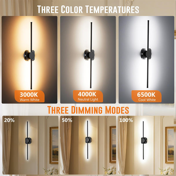 Battery Operated Wall Lights Indoor,USB Rechargeable LED Wall Lamps,with Remote Control,Dimmable Touch Wireless Black 72cm 350°Rotation Modern Wall Light for Living Room/Bedroom,2 Pack [Energy C]