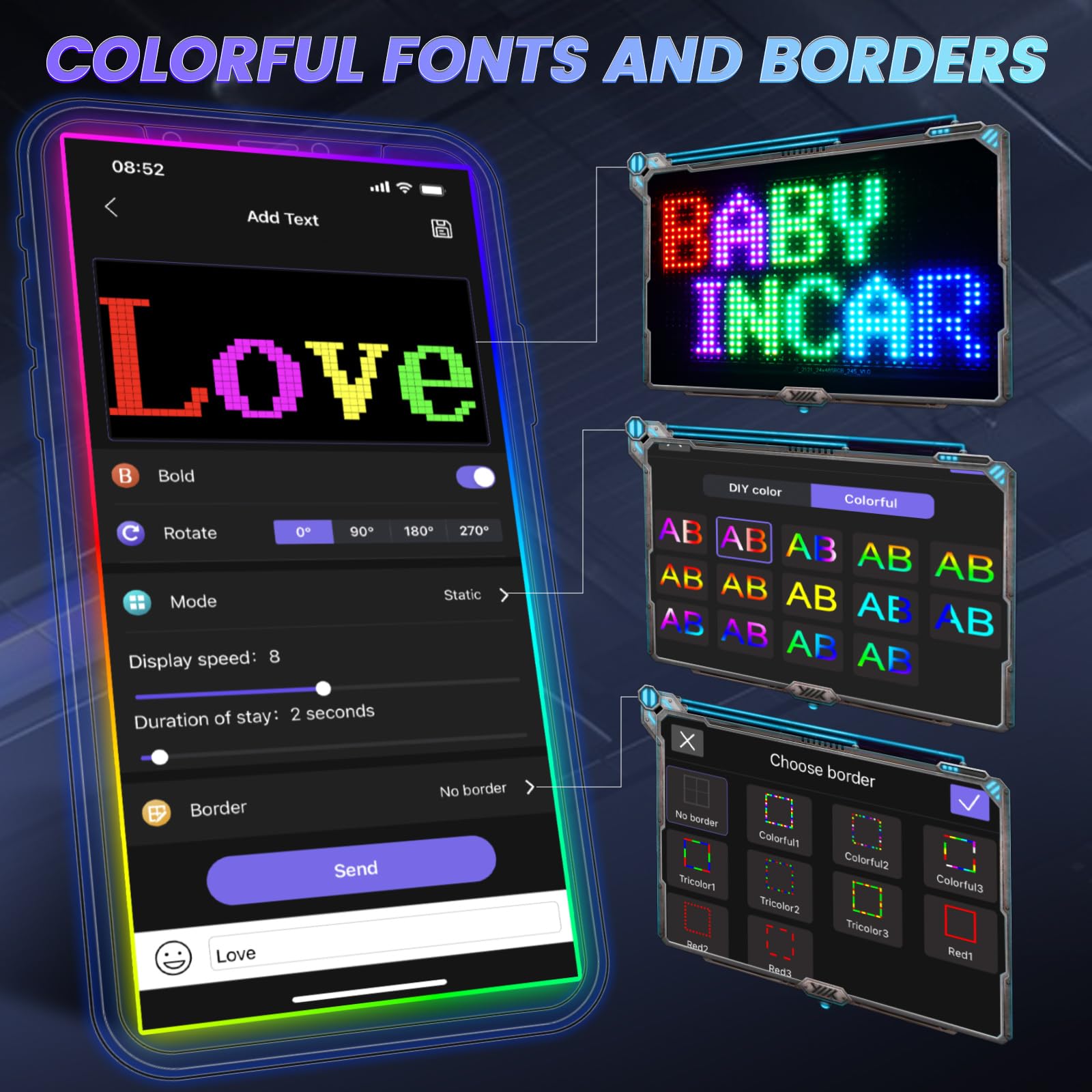 Double Row Scrolling LED Sign for Car, 10.6" x 4.7" Flexible 5V/2A Bluetooth APP Control Programmable LED Sign Custom Text Animation Digital LED