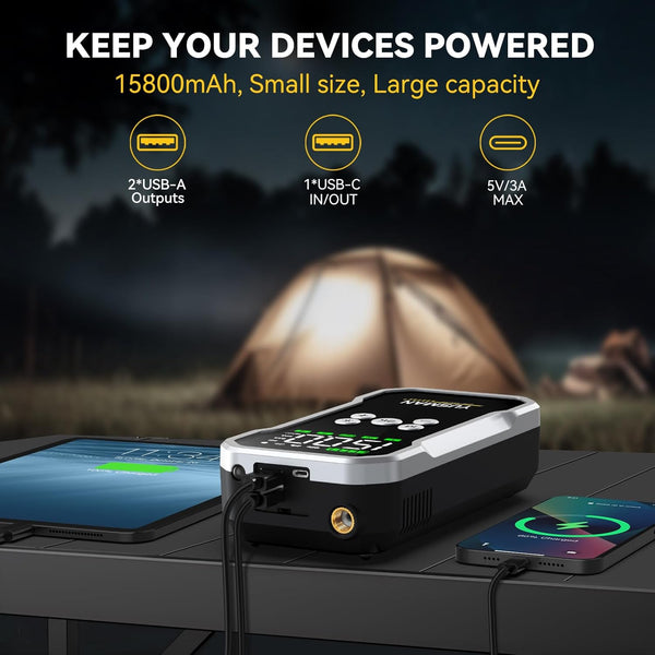 Jump Starter Power Pack with Air Compressor, 7000A 150PSI Portable Car Battery Booster (All Petrol/10L Diesel), 12V Car Jump Starter Power Bank with Jump Leads, LCD Screen, 2 LED Light