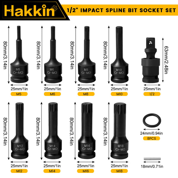 Hakkin 1/2" Impact Torx Bit Socket Set Heavy Duty Impact Star Bit Socket Set with Universal Joint T30 T40 T45 T50 T55 T60 T70 T80