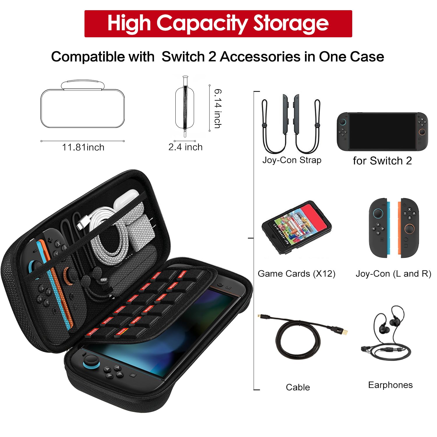 ivoler Carry Case for Nintendo Switch 2 (2025 Model) – Protective Portable Hard Shell Pouch Carrying Travel Game Bag – Black