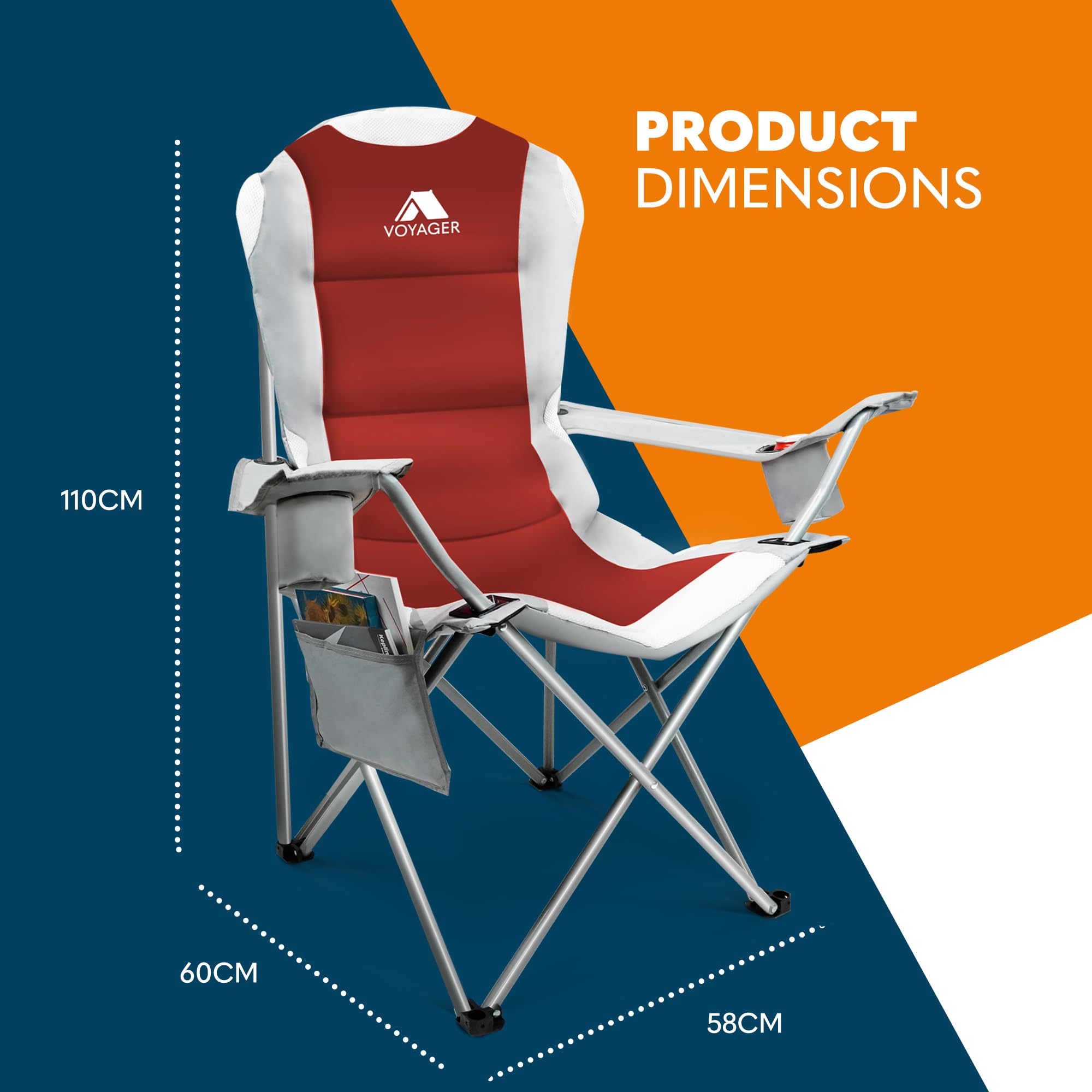 Voyager Folding Camping Chairs 2 Pack with Cooler Bag, Lightweight Q195 Steel Frame, 600D Oxford Fabric, Portable & Comfortable - Black (Black, Padded)