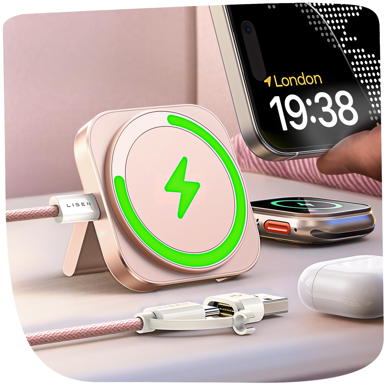 LISEN Travel Magsafe Wireless Charger for iPhone 16 Apple Watch, Mag Safecharger Charging Station Pad Portable Magnetic Charger Stand Dock Desk Accessories for iPhone 16 Pro Max 15 13 12 14 Pro iWatch