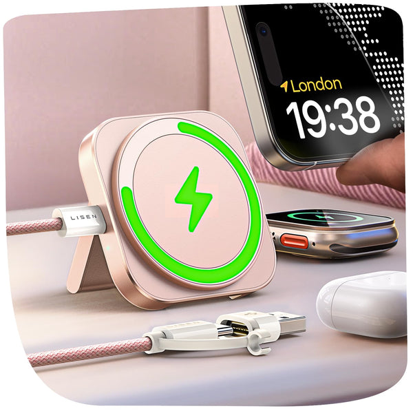 LISEN Travel Magsafe Wireless Charger for iPhone 16 Apple Watch, Mag Safecharger Charging Station Pad Portable Magnetic Charger Stand Dock Desk Accessories for iPhone 16 Pro Max 15 13 12 14 Pro iWatch