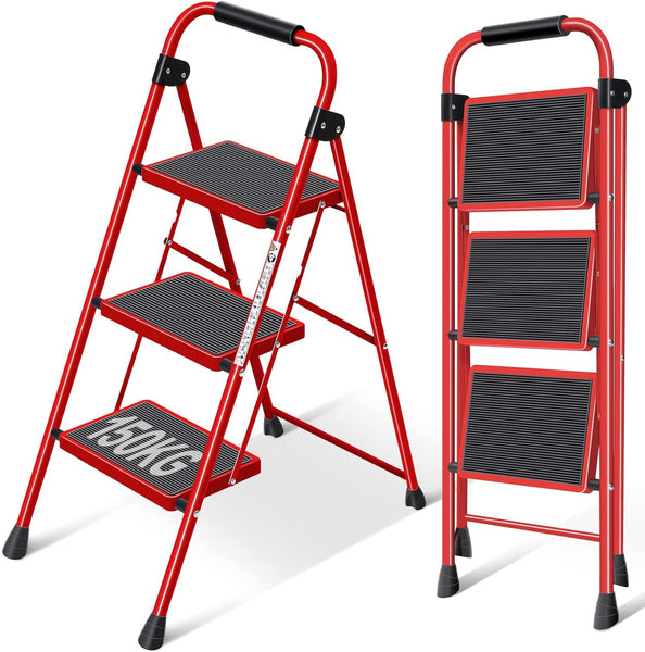 KINGRACK Folding 3-Step Ladder with Non-Slip Pedals, Sturdy Steel, Lightweight & Portable, Red