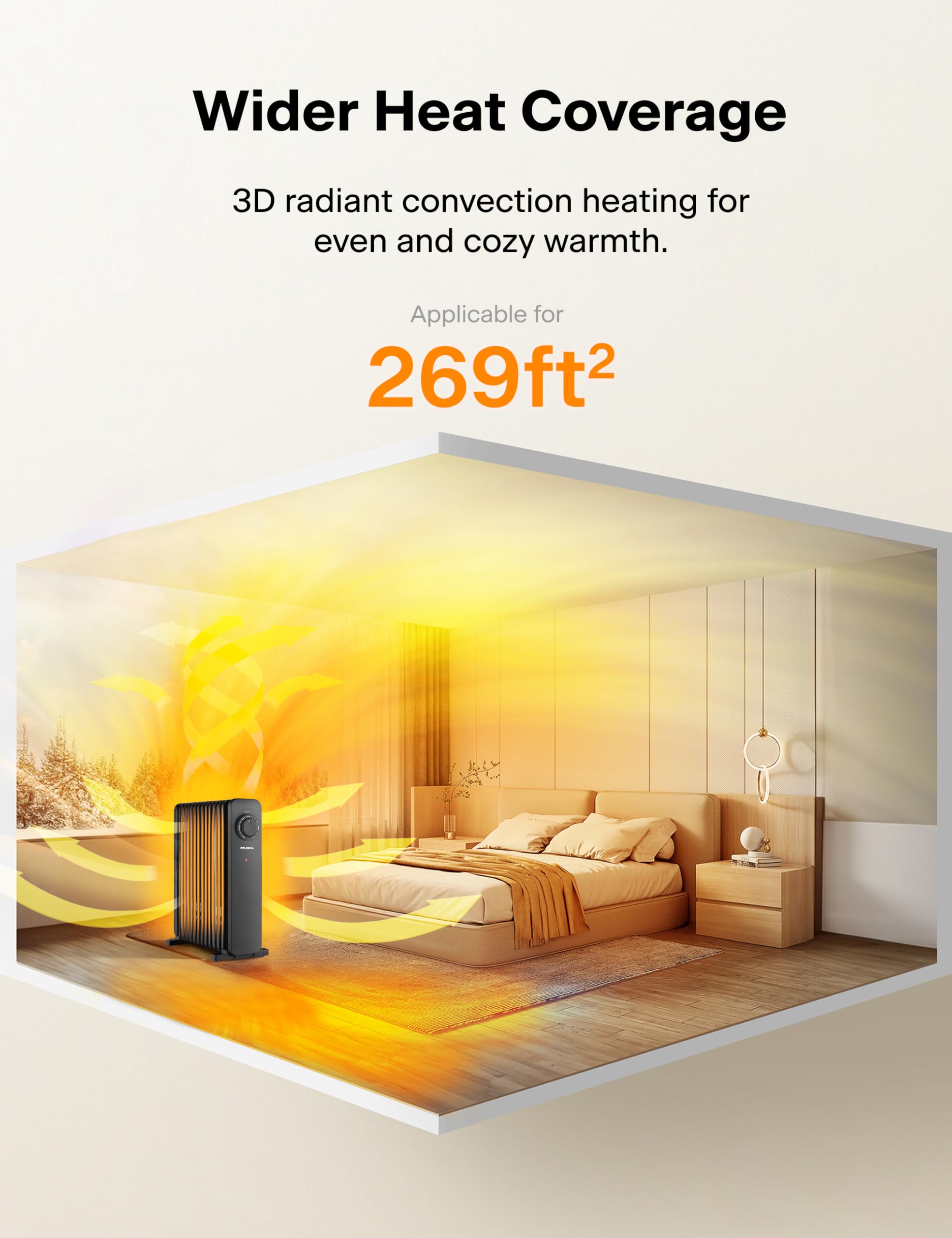 PELONIS Electric Radiator with Adjustable Thermostat and 3 Heat Settings, Oil Filled Heater with Overheat Protection (2500W, Knob Control)