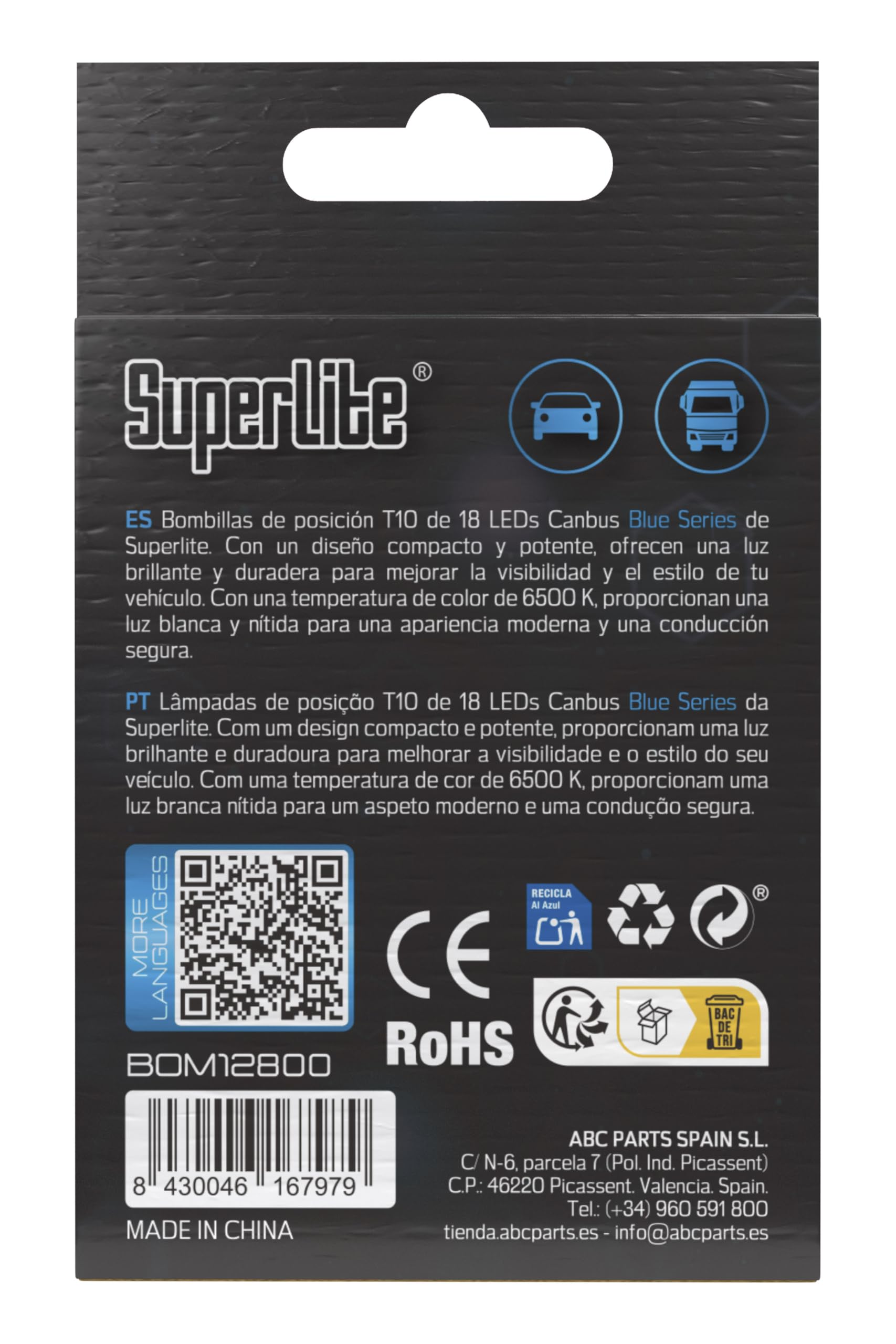 Superlite Set of 2 T10 Bulbs with 18 Leds from the Blue Series range. CanBus Technology and 6500K Colour Temperature. Ideal for Car and Truck.