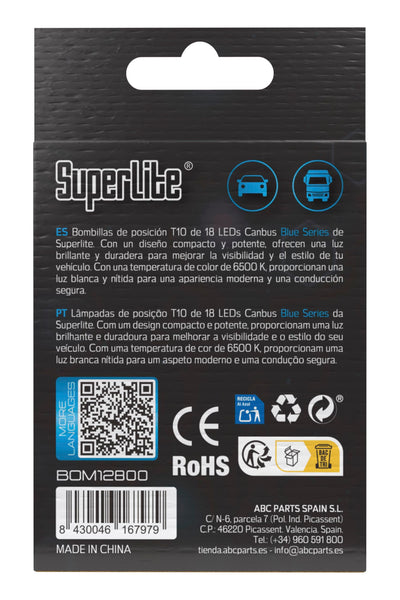 Superlite Set of 2 T10 Bulbs with 18 Leds from the Blue Series range. CanBus Technology and 6500K Colour Temperature. Ideal for Car and Truck.