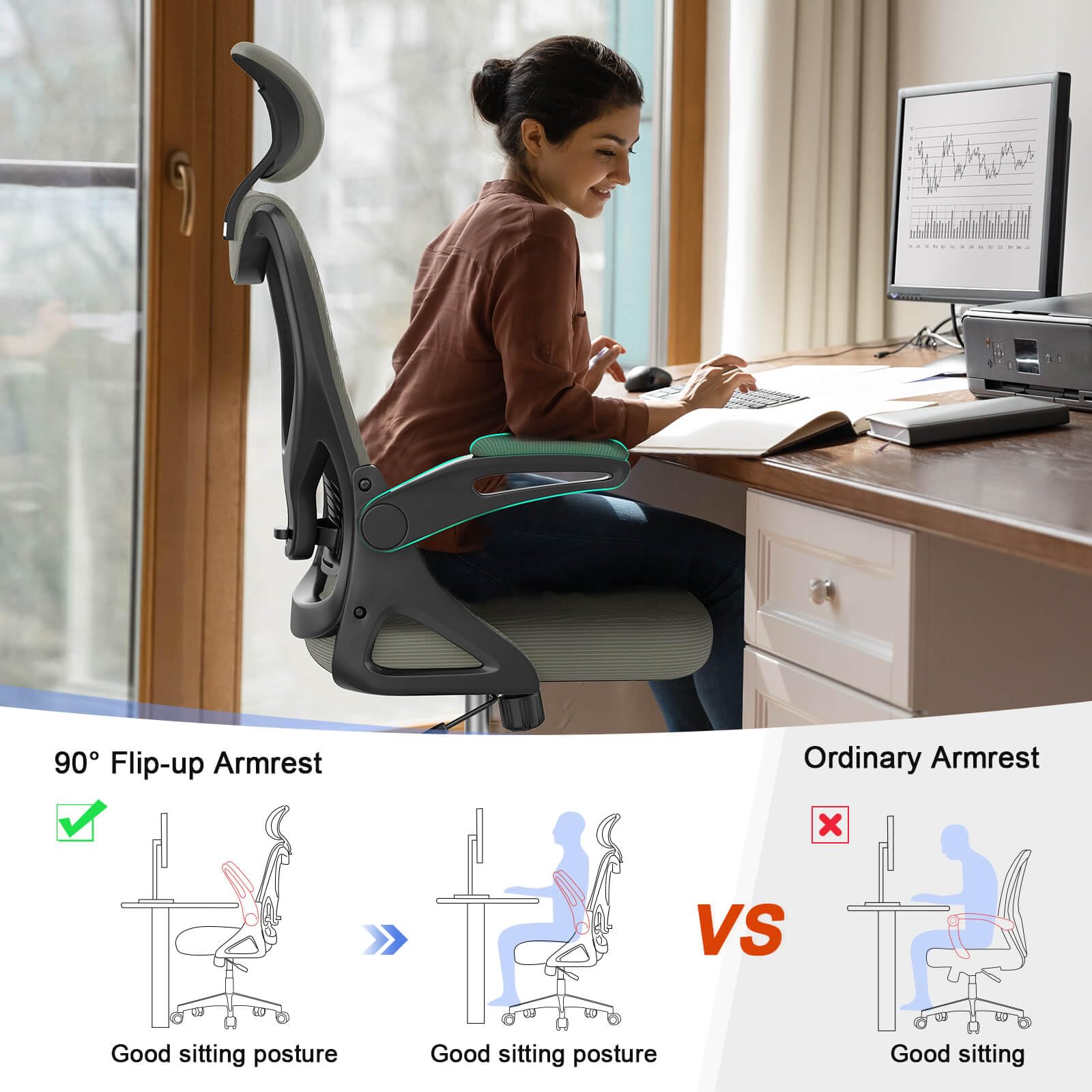 Office Chair - Ergonomic Desk Chair with Lumbar Support Headrest Adjustable, Padded Flip-up Armrests Comfy Seat Cushion High Back Executive Manager Chair For Home Office