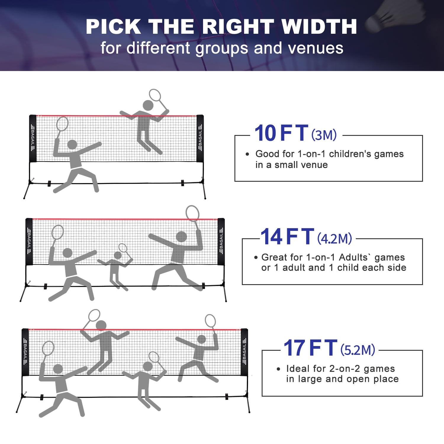 BAGAIL Badminton Net, Foldable Nylon Net, Hieght Adjustable Stand and Portable Carry Bag, Easy to Assemble or Disassemble, Ideal Recreational Sports Net for Tennis, Kids Badminton or Volleyball