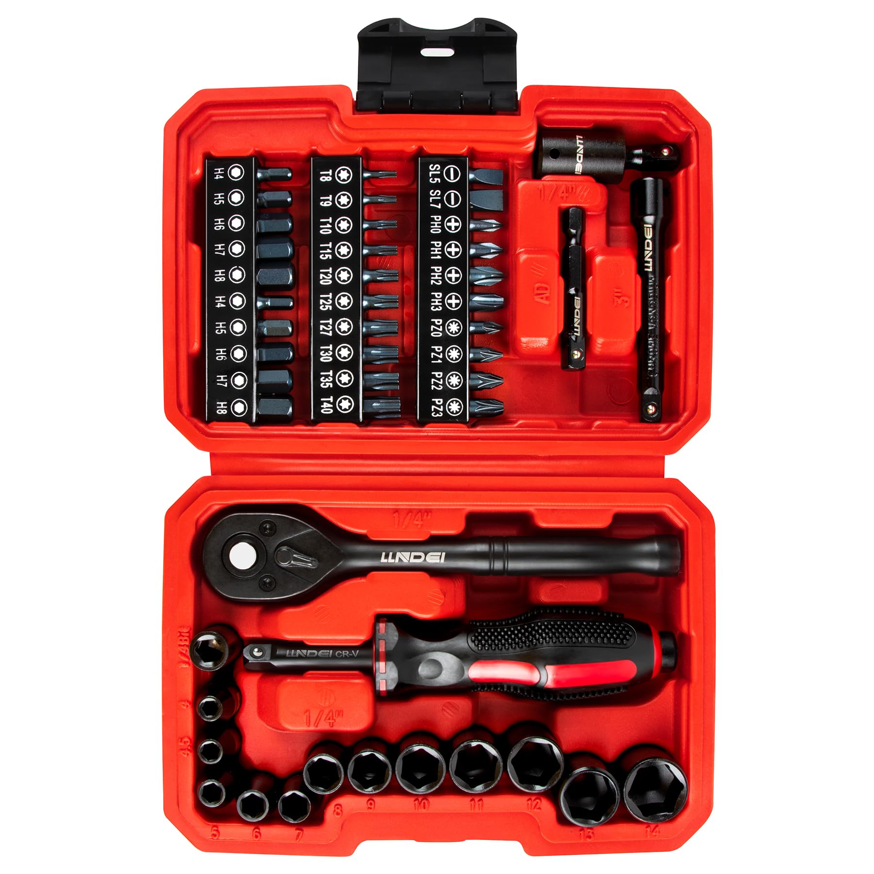 LLNDEI 1/4-Inch Drive Impact Socket Set, 52 PCS Mechanic Tool Set with Ratchet & Adapter, CR-V, Metric and Standard Full Sockets with Storage Tool Kit for Household & Automotive Repair & DIY Project