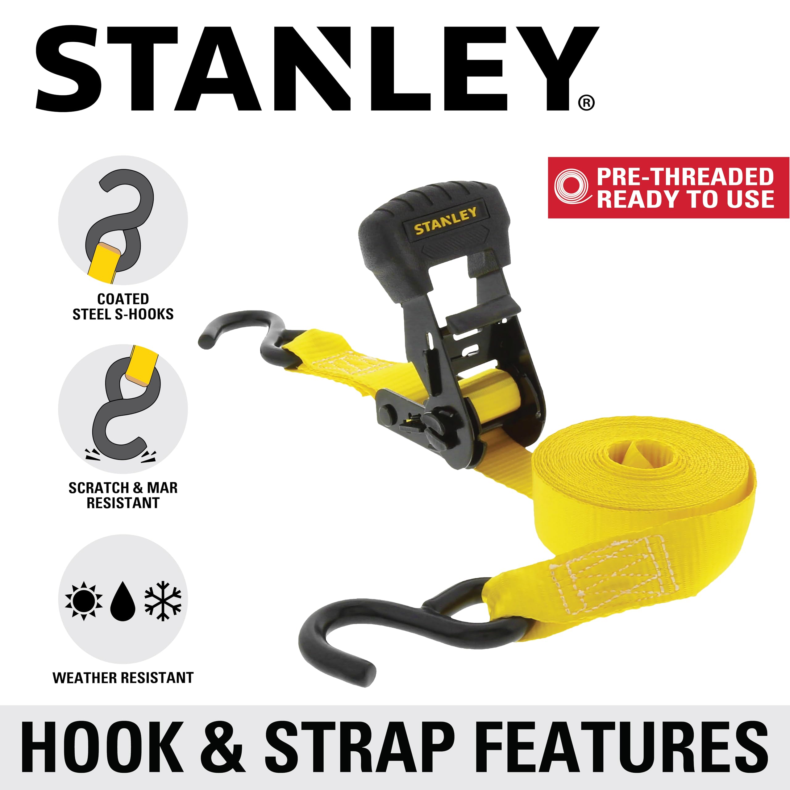 STANLEY S1007 Black/Yellow 1.5" x 16' Ratchet Tie Down Straps - 1,100 lb Safe Working Load / 3,300 lb Break Strength, 2 Pack