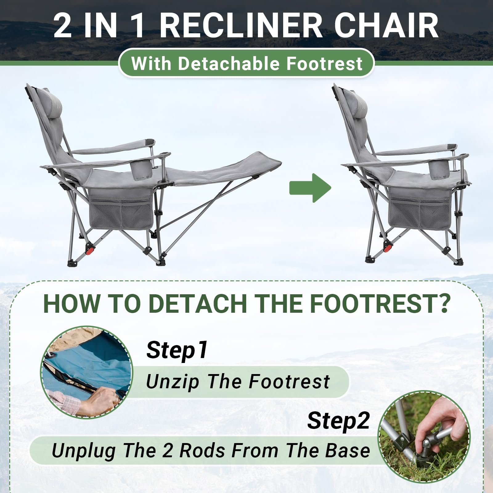 #WEJOY Camping Chairs Folding Recliner Chair Adjustable with Detachable Footrest Headrest Cup Holder Lightweight Portable Reclining Camp Chair Fold Up Chair for Outdoor Beach Garden, Cyan Set of 2