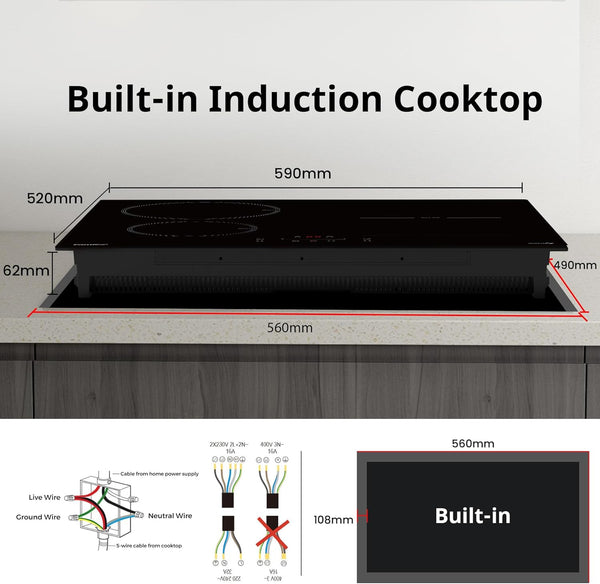 COMFEE' Induction Hob 7400 WATT with 4 Zones Induction Stove with Flexible Zone Built-in induction cooktop,Wiring, Touch control, Automatic Switch-Off, Child Safety Lock, No Plug Included