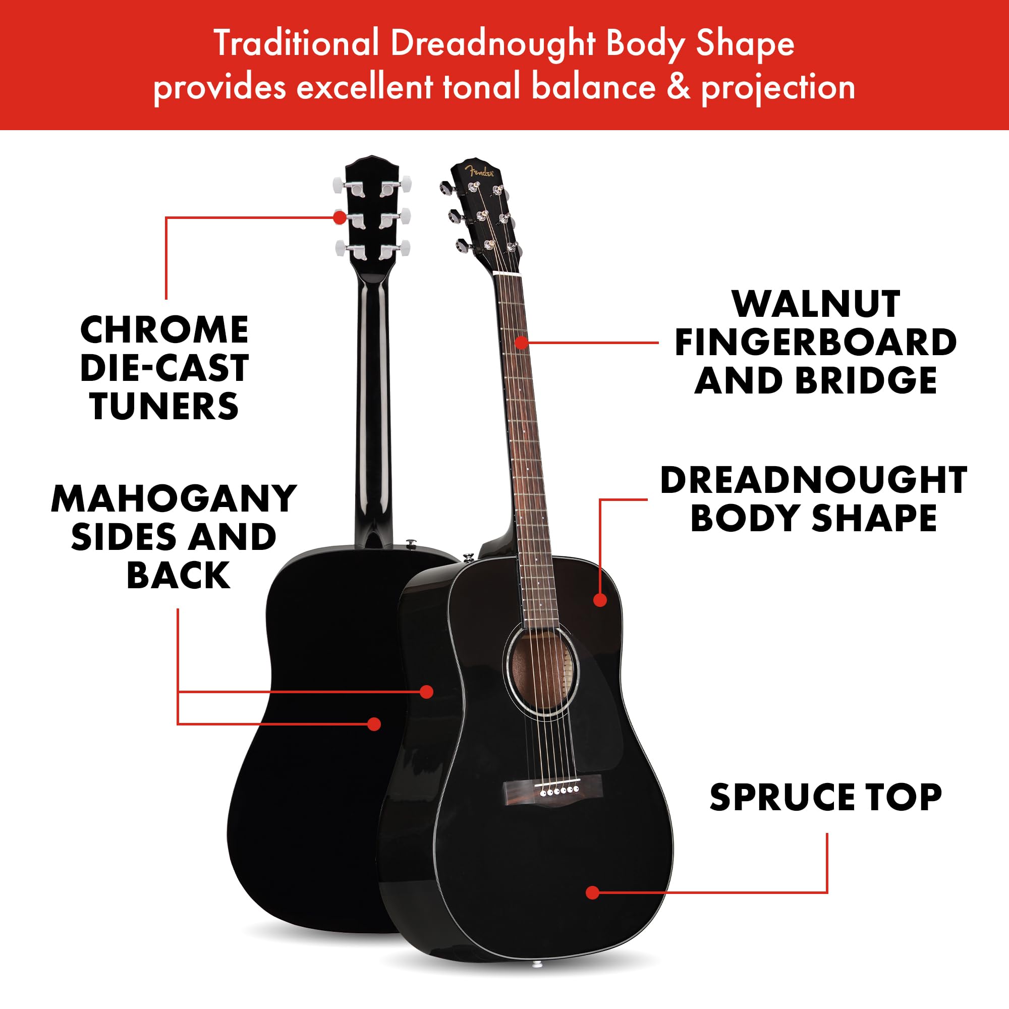Fender CD-60 Dreadnought V3 DS Acoustic Guitar in Black with Walnut Fretboard, Great for Beginners, Comes with Free Virtual Lessons