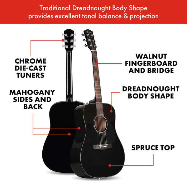Fender CD-60 Dreadnought V3 DS Acoustic Guitar in Black with Walnut Fretboard, Great for Beginners, Comes with Free Virtual Lessons