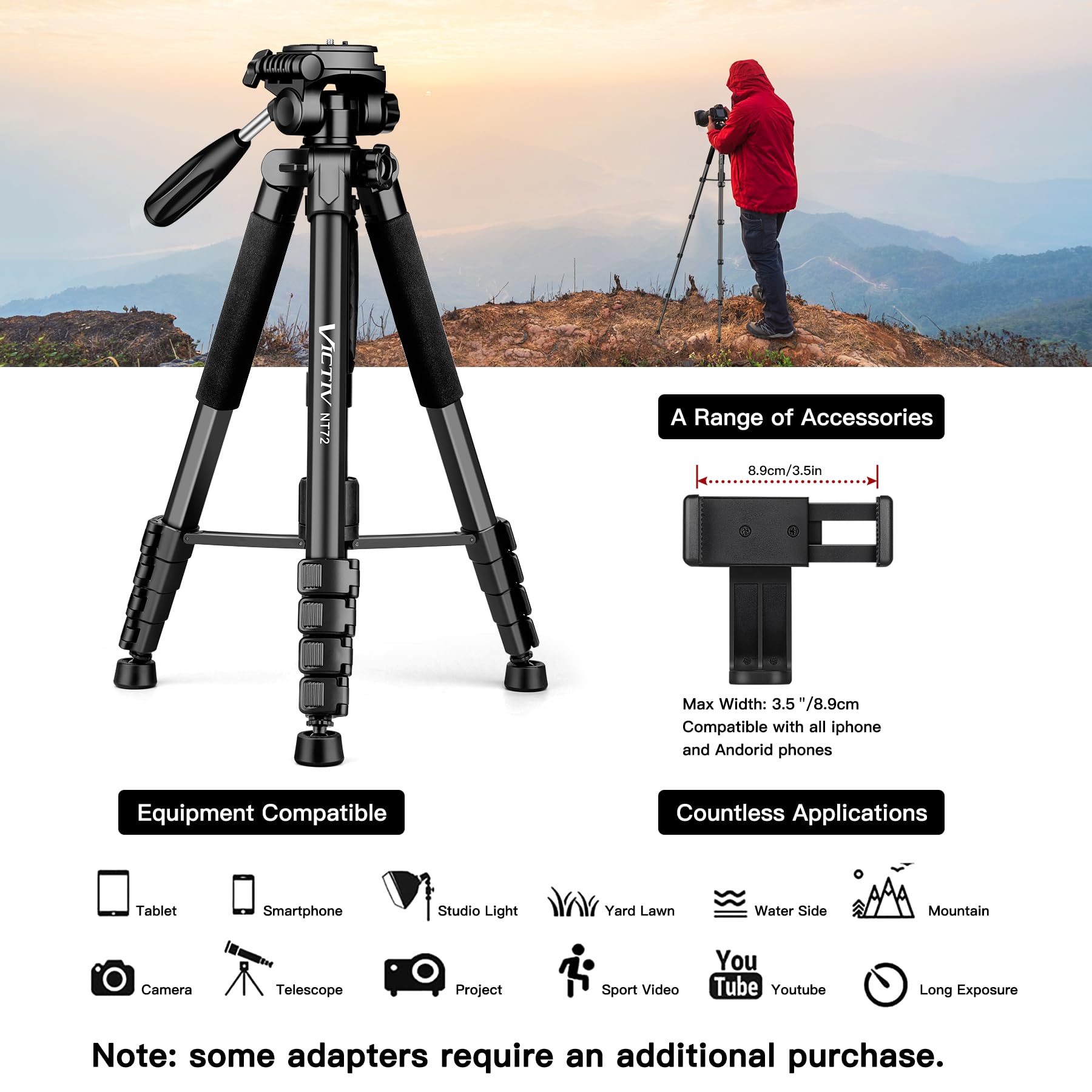 Victiv 72-inch Camera Tripod Aluminum Monopod T72 Max. Height 182cm- Lightweight and Compact for Travel with 3-way Swivel Head and 2 Quick Release Plates for DSLR Video Shooting - Black