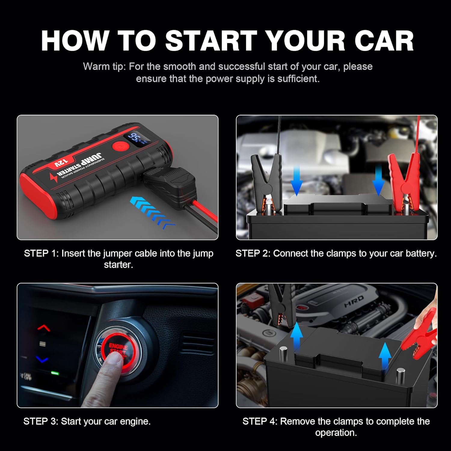 Ginarelo Jump Starter Power Pack Booster - Portable 12V Car Battery Jumpstart Bank Motorcycle Jumper Start with Leads LCD Screen LED 13200Mah Engine Up To 6.0L Gas or 5.5L Diesel